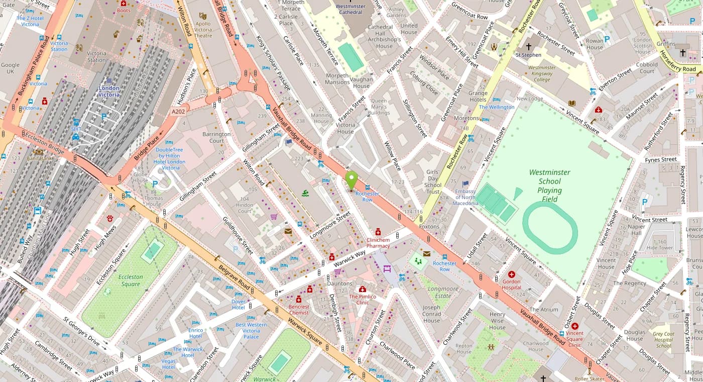 Map of the streets around 205 Vauxhall Bridge Road, Victoria
